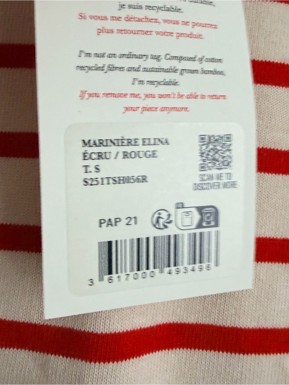 Sezane Red and Cream Striped Long Sleeve Tee - Picture 3 of 7